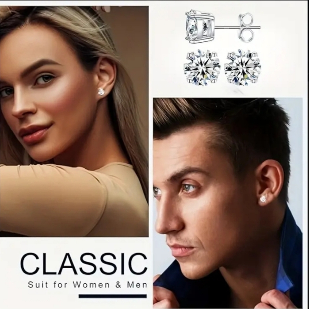 Men's Moissanite Diamond Earrings Sterling Silver Stud Hypoallergenic Earrings
